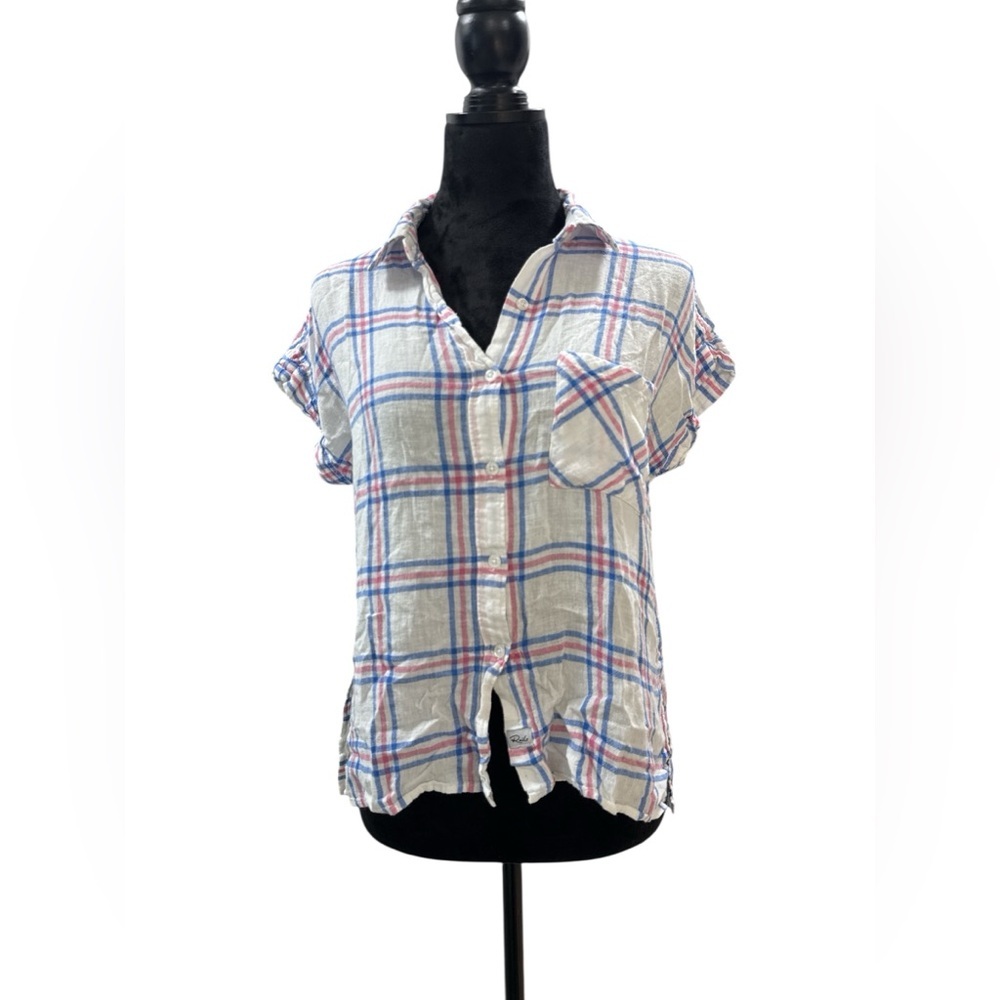 Rails Whitney Linen Blend Plaid‎ Shirt Raspberry Azure White Medium